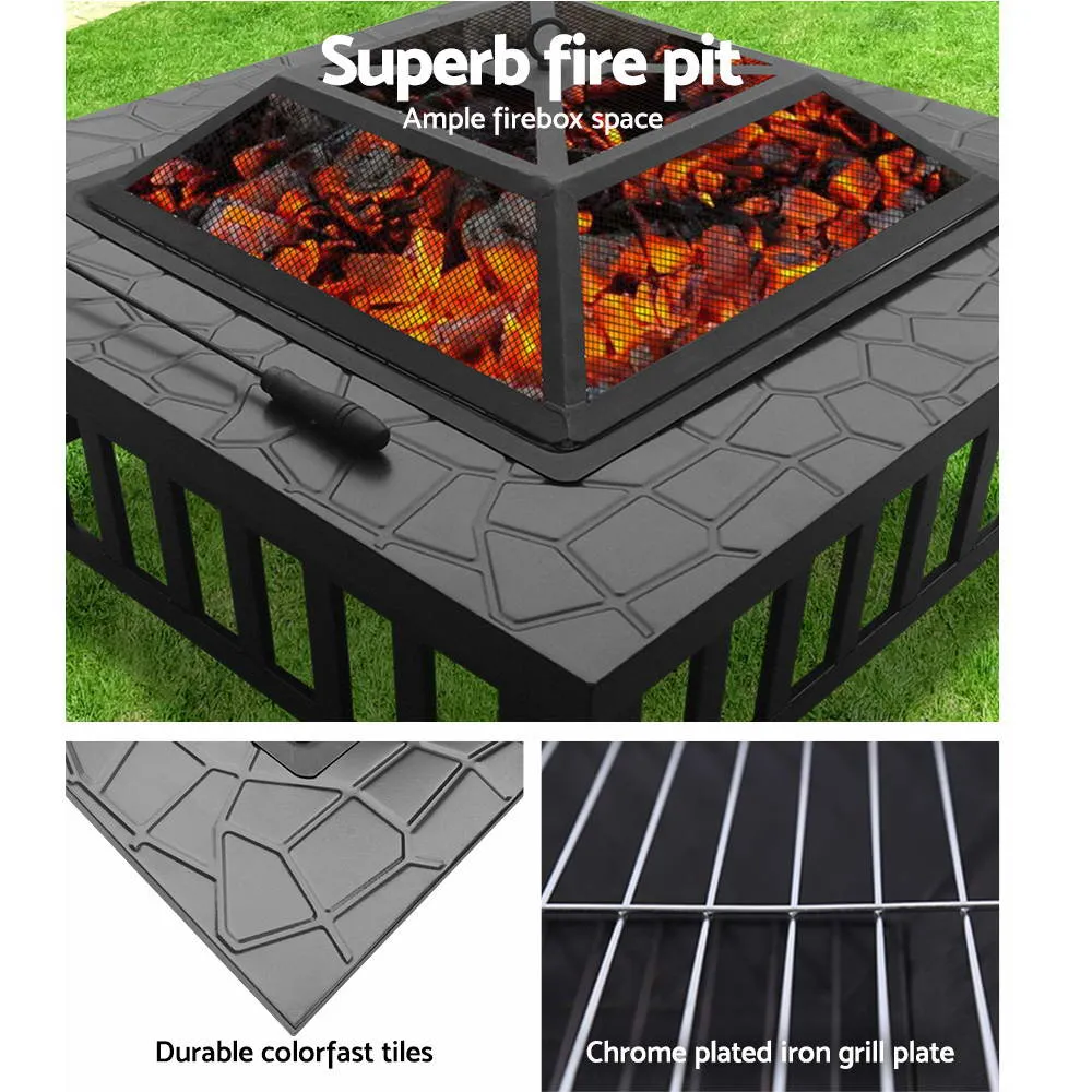 2-in-1 Fire Pit BBQ Table, Steel Frame, Stone Top, Grillz