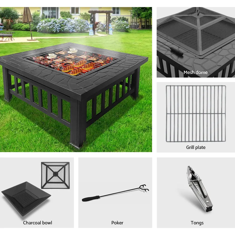 2-in-1 Fire Pit BBQ Table, Steel Frame, Stone Top, Grillz
