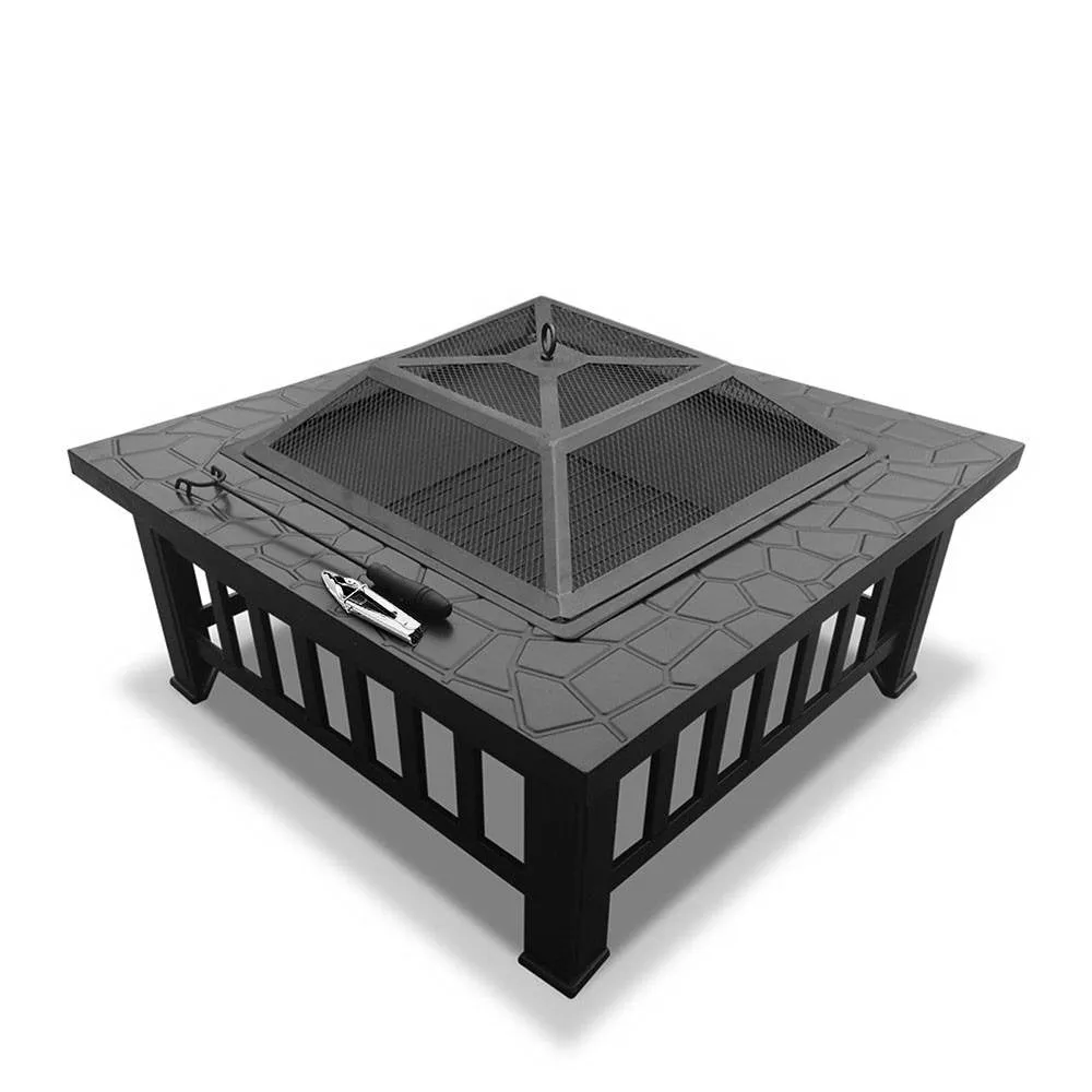 2-in-1 Fire Pit BBQ Table, Steel Frame, Stone Top, Grillz