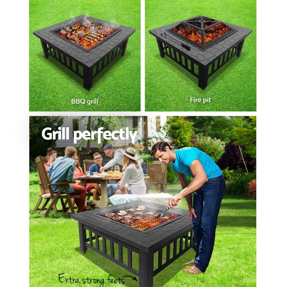 2-in-1 Fire Pit BBQ Table, Steel Frame, Stone Top, Grillz