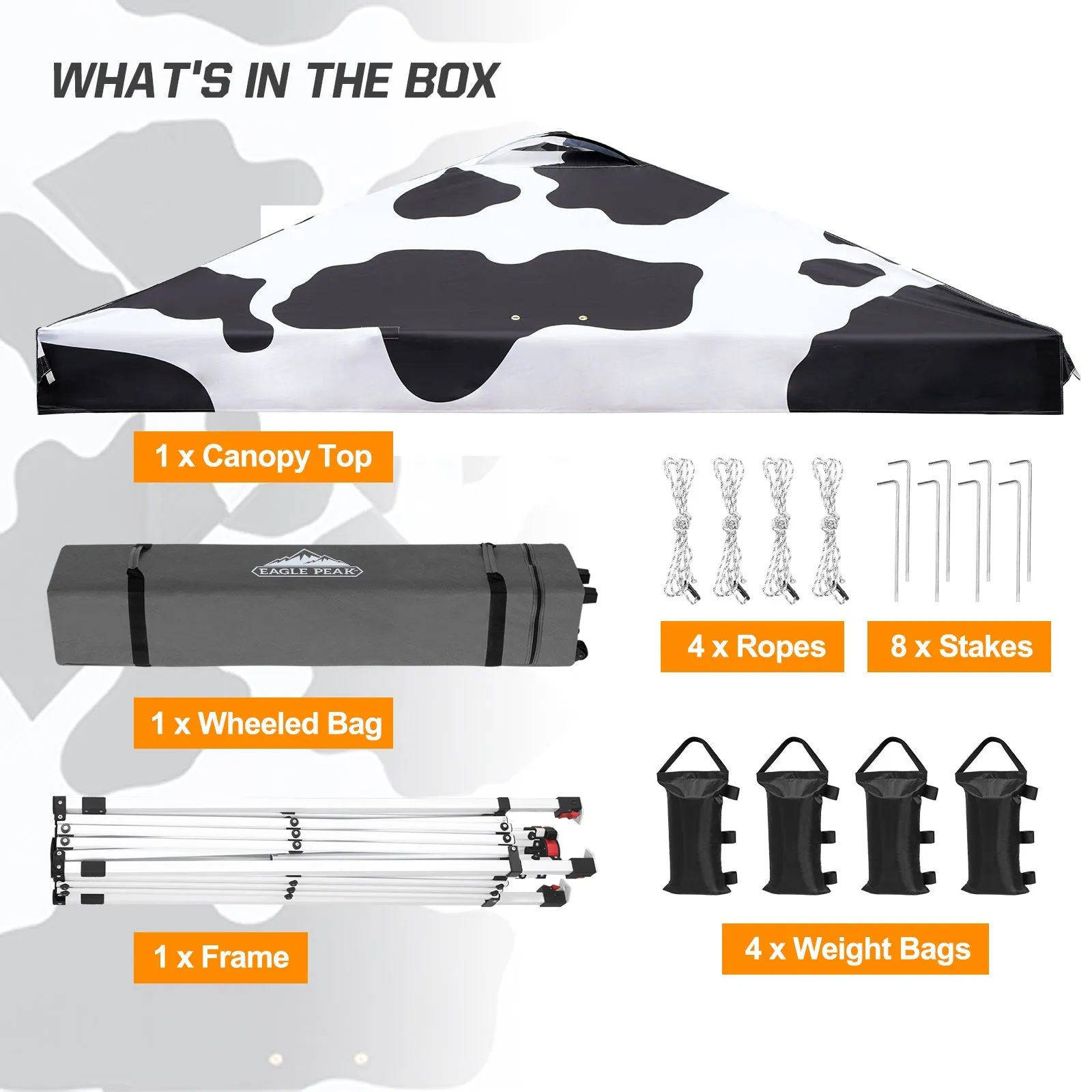 Eagle Peak SHADE GRAPHiX Easy Setup 10x10 Pop Up Canopy Tent with Digital Printed Cow Print Top