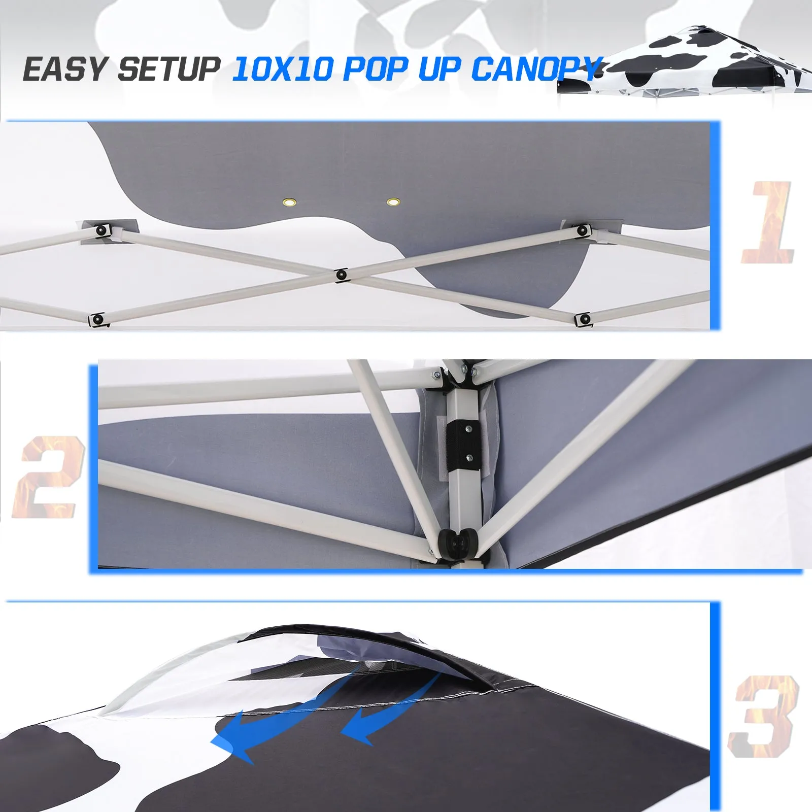 Eagle Peak SHADE GRAPHiX Easy Setup 10x10 Pop Up Canopy Tent with Digital Printed Cow Print Top