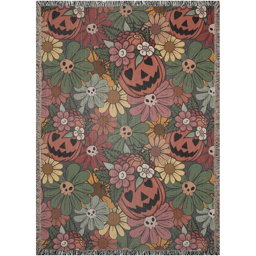 Retro Jack-O-Lanterns And Skulls | Woven Blanket