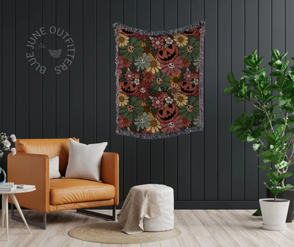 Retro Jack-O-Lanterns And Skulls | Woven Blanket